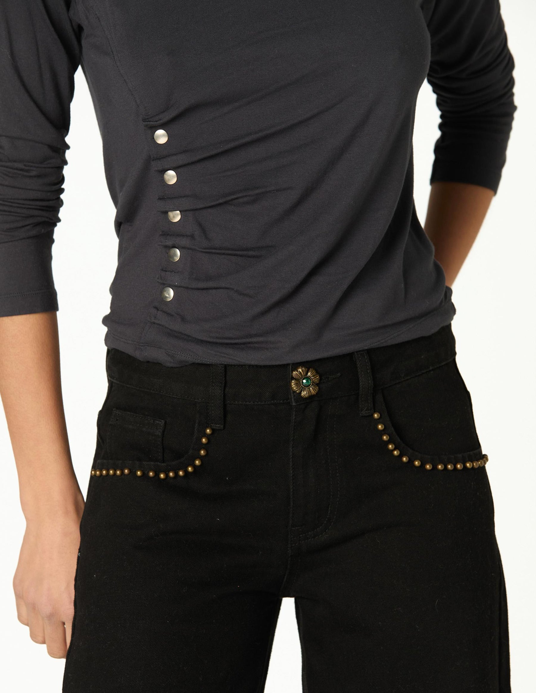 Anthracite Floral Button Studded Trousers