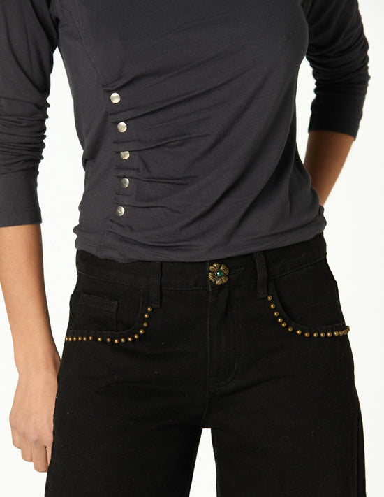 Anthracite Floral Button Studded Trousers