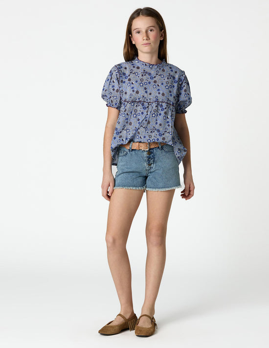 BLUE DENIM BUTTON-FRONT SHORTS