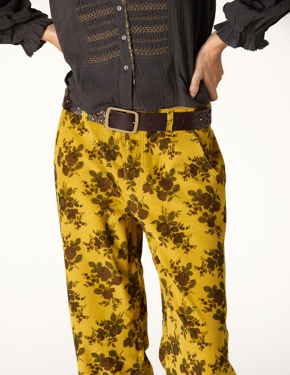 CURRY FLORAL CORDUROY PANTS