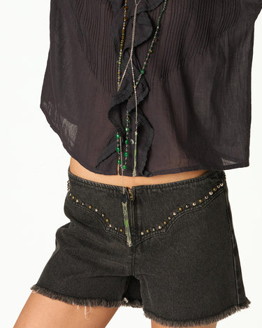 GREY DENIM STUDDED SHORT YOKE