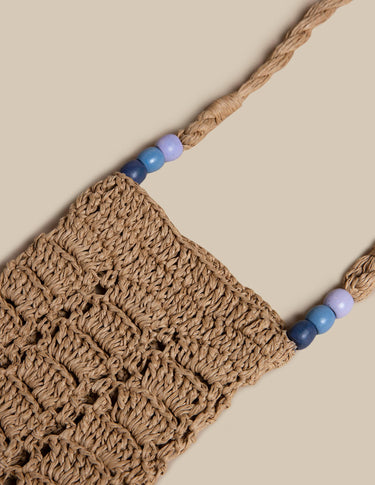 RAFFIA CROSSBODY BAG WITH BLUE BEADS