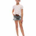 Gathered neck shirt with contrasting pink embroidery