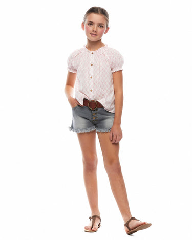 Gathered neck shirt with contrasting pink embroidery
