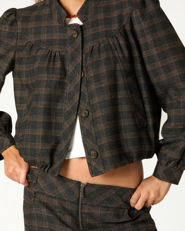 CHAQUETA CUELLO MAO CUADROS MARRÓN