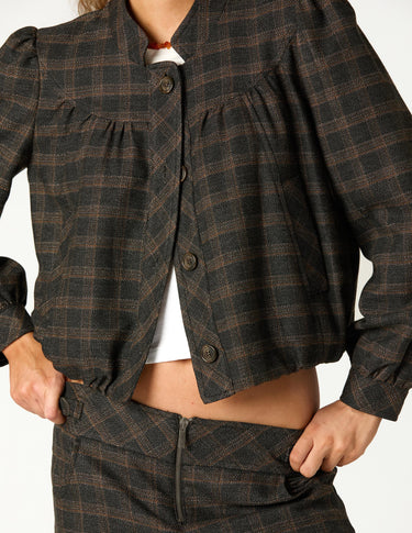 CHAQUETA CUELLO MAO CUADROS MARRÓN