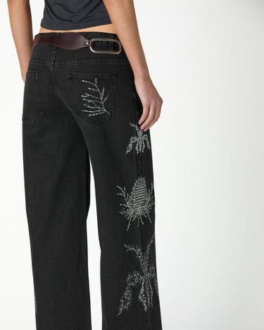 BLACK DENIM EMBROIDERED SEQUIN PANTS