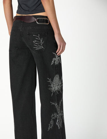 BLACK DENIM EMBROIDERED SEQUIN PANTS