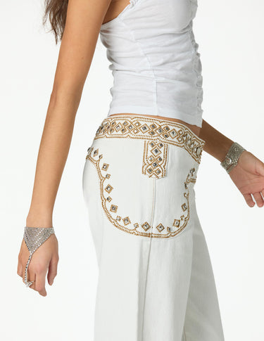 EMBROIDERED YOKE TROUSERS ECRU