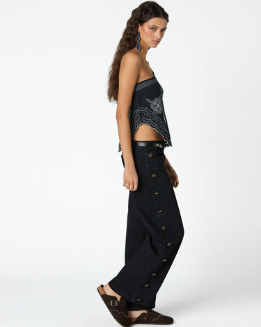 BLACK EMBROIDERED ASYMMETRICAL TOP