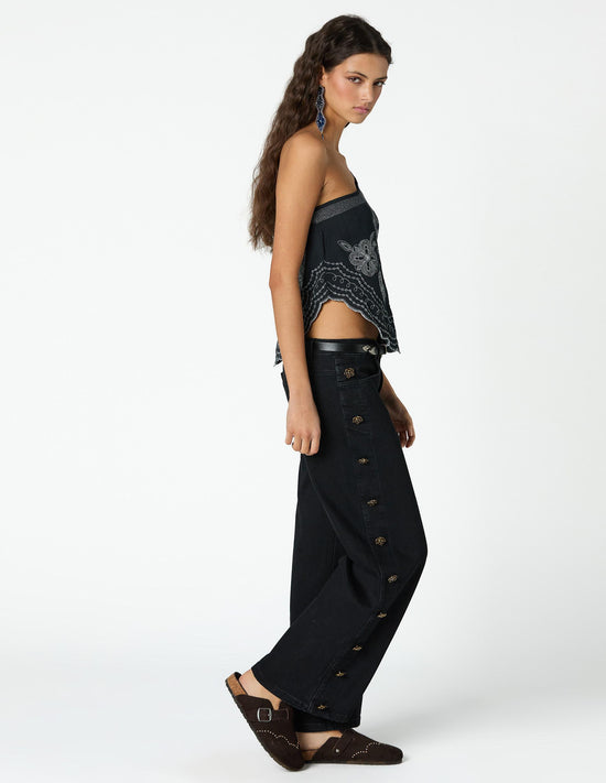 TOP ASIMETRICO NEGRO BORDADO
