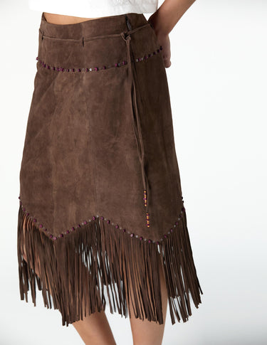 BROWN SUEDE FRINGED SKIRT
