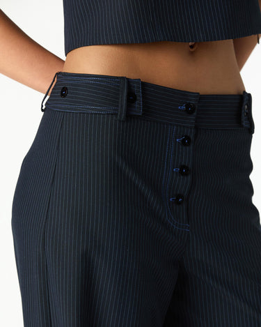 NAVY PINSTRIPE BUTTON-WAIST TROUSERS
