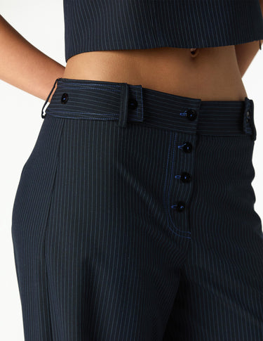 NAVY PINSTRIPE BUTTON-WAIST TROUSERS