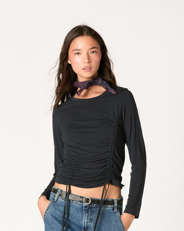 SMOCKED STRAPPY RUCHED T-SHIRT