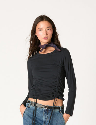 SMOCKED STRAPPY RUCHED T-SHIRT