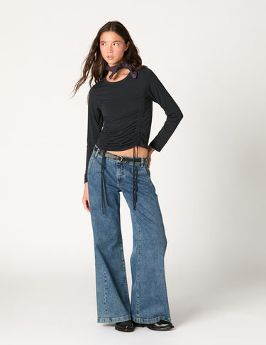 SMOCKED STRAPPY RUCHED T-SHIRT
