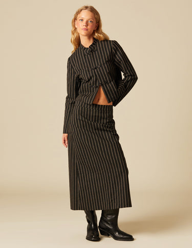 BLACK STRIPED MIDI SKIRT