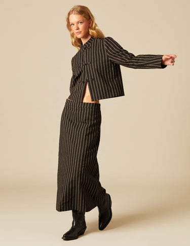 BLACK STRIPED MIDI SKIRT
