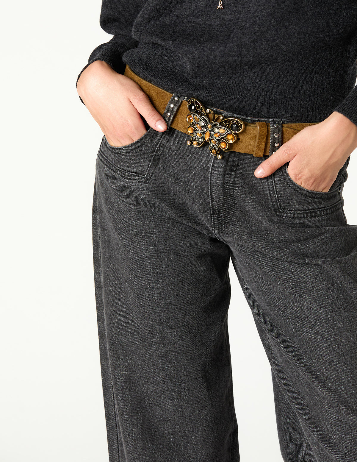 DENIM STUD BELT LOOP ANTHRACITE