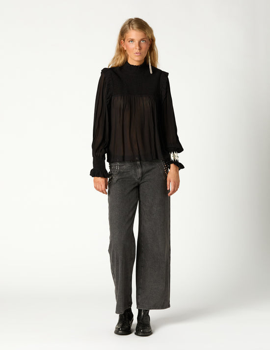 BLACK GATHERED SHIRT