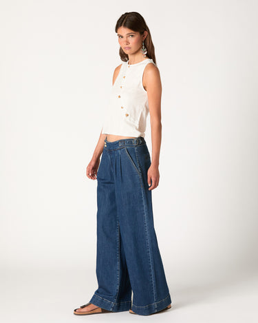 BLUE DENIM BUCKLE TROUSERS