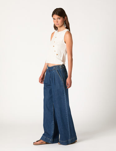 BLUE DENIM BUCKLE TROUSERS