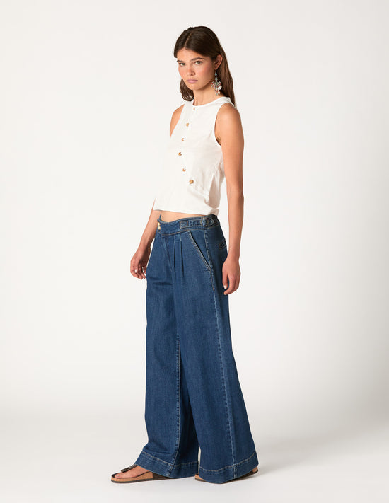 BLUE DENIM BUCKLE TROUSERS