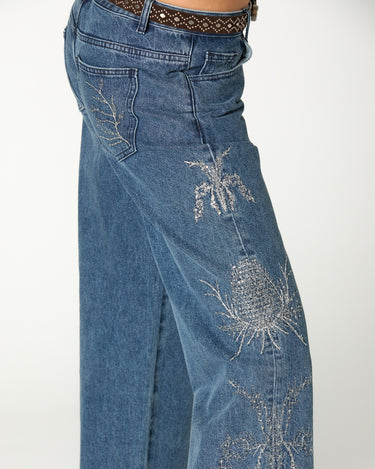 EMBROIDERED SEQUIN BLUE DENIM TROUSERS