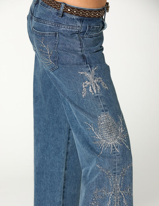 EMBROIDERED SEQUIN BLUE DENIM TROUSERS