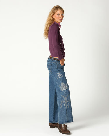 EMBROIDERED SEQUIN BLUE DENIM TROUSERS