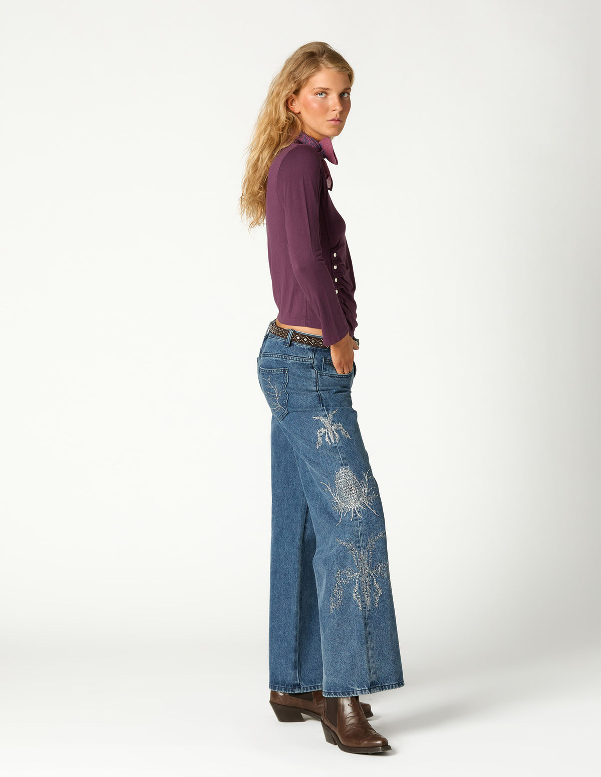 EMBROIDERED SEQUIN BLUE DENIM TROUSERS