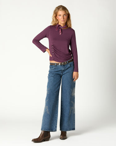 EMBROIDERED SEQUIN BLUE DENIM TROUSERS
