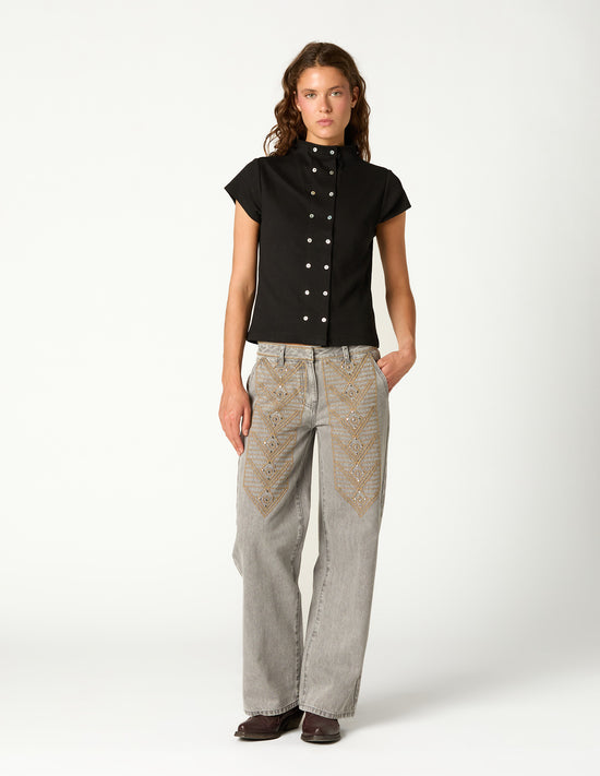 EMBROIDERED GREY DENIM TROUSERS