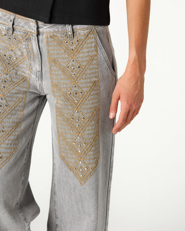 EMBROIDERED GREY DENIM TROUSERS