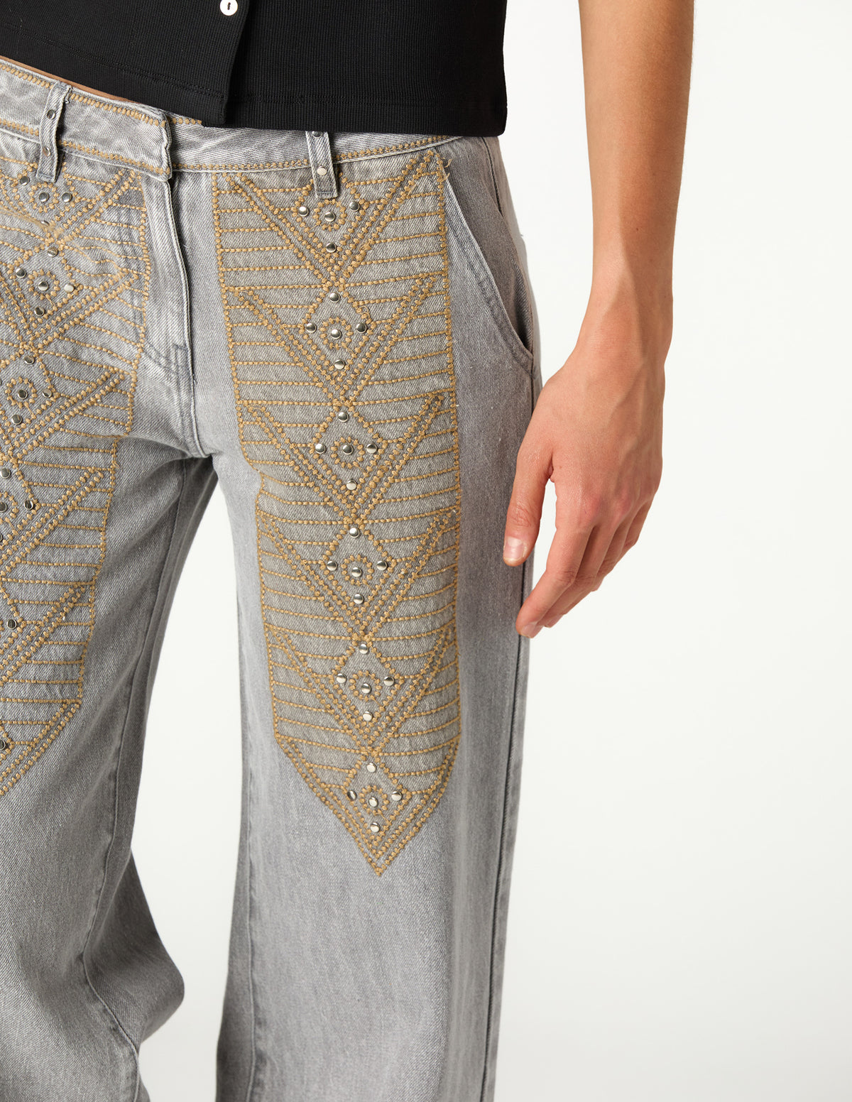 EMBROIDERED GREY DENIM TROUSERS
