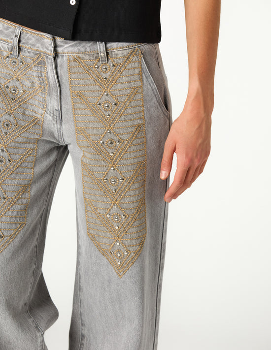 EMBROIDERED GREY DENIM TROUSERS