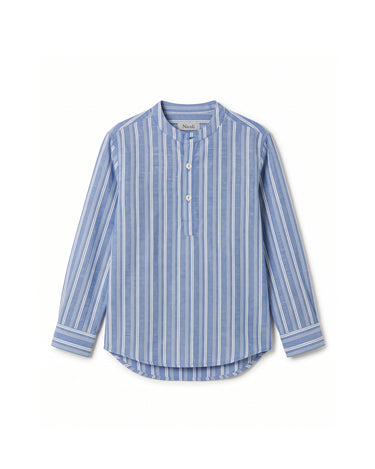 ECRU/BLUE STRIPED MANDARIN COLLAR SHIRT