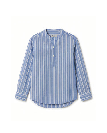 ECRU/BLUE STRIPED MANDARIN COLLAR SHIRT