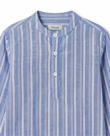 ECRU/BLUE STRIPED MANDARIN COLLAR SHIRT