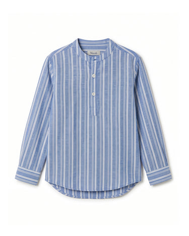 ECRU/BLUE STRIPED MANDARIN COLLAR SHIRT