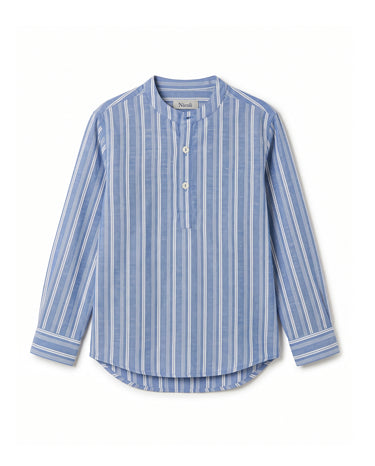 ECRU/BLUE STRIPED MANDARIN COLLAR SHIRT