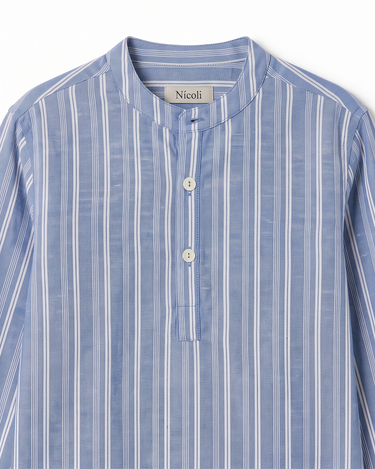 ECRU/BLUE STRIPED MANDARIN COLLAR SHIRT