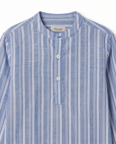 ECRU/BLUE STRIPED MANDARIN COLLAR SHIRT