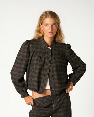 BROWN PLAID MANDARIN COLLAR JACKET