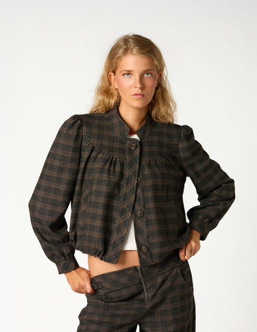 CHAQUETA CUELLO MAO CUADROS MARRÓN
