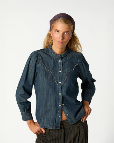 DARK BLUE STUDDED DENIM SHIRT