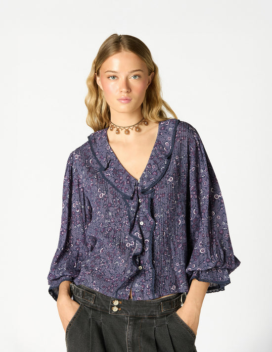 RUFFLED PIN TUCK SHIRT NIGHT GARDEN PLUM