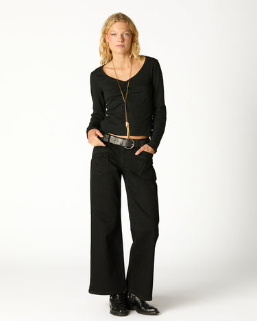 BLACK POINTELLE RUCHED T-SHIRT