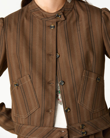 BROWN STRIPED BUTTONED POCKET JACKET